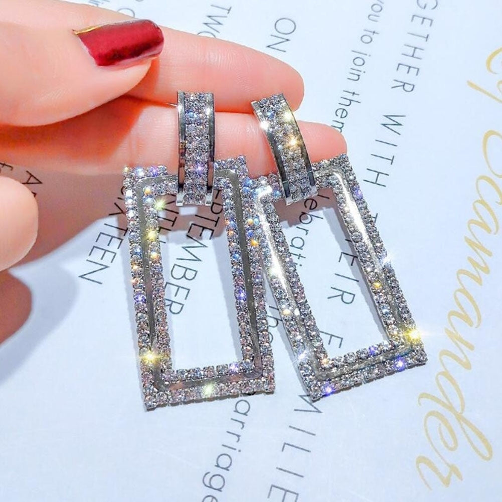 Women Rhinestone Inlaid Hollow Rectangle Dangle Ear Stud Earrings Jewelry Gift Image 2