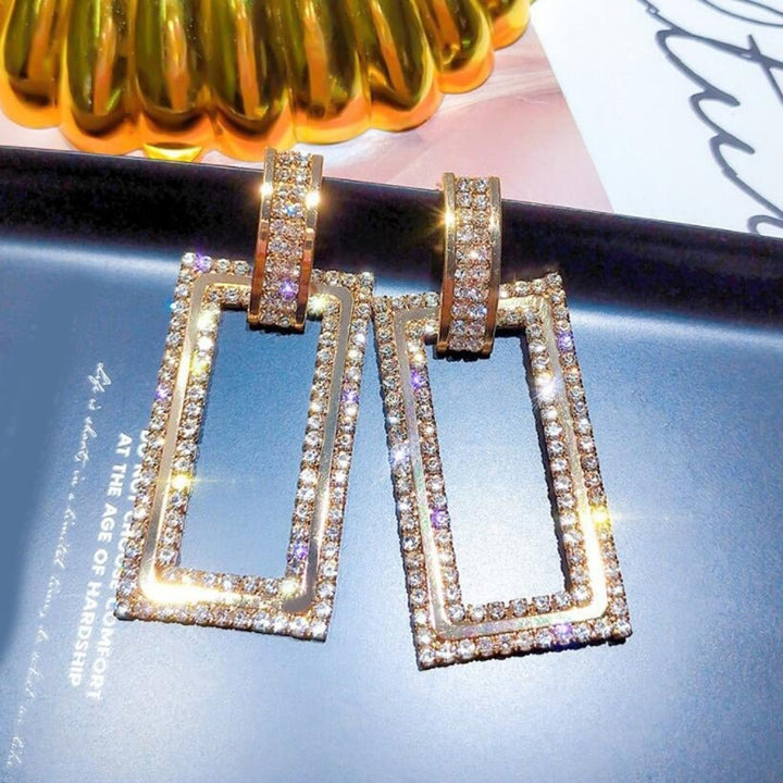 Women Rhinestone Inlaid Hollow Rectangle Dangle Ear Stud Earrings Jewelry Gift Image 7