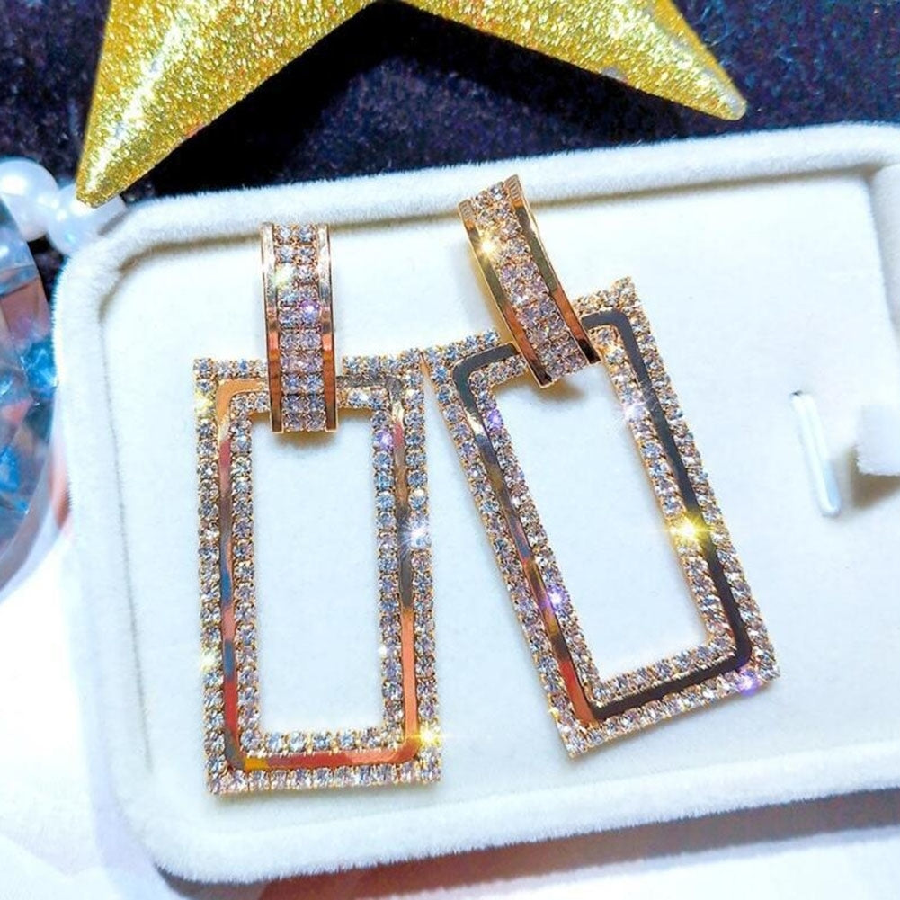 Women Rhinestone Inlaid Hollow Rectangle Dangle Ear Stud Earrings Jewelry Gift Image 8