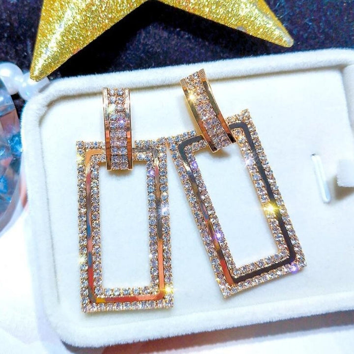 Women Rhinestone Inlaid Hollow Rectangle Dangle Ear Stud Earrings Jewelry Gift Image 8