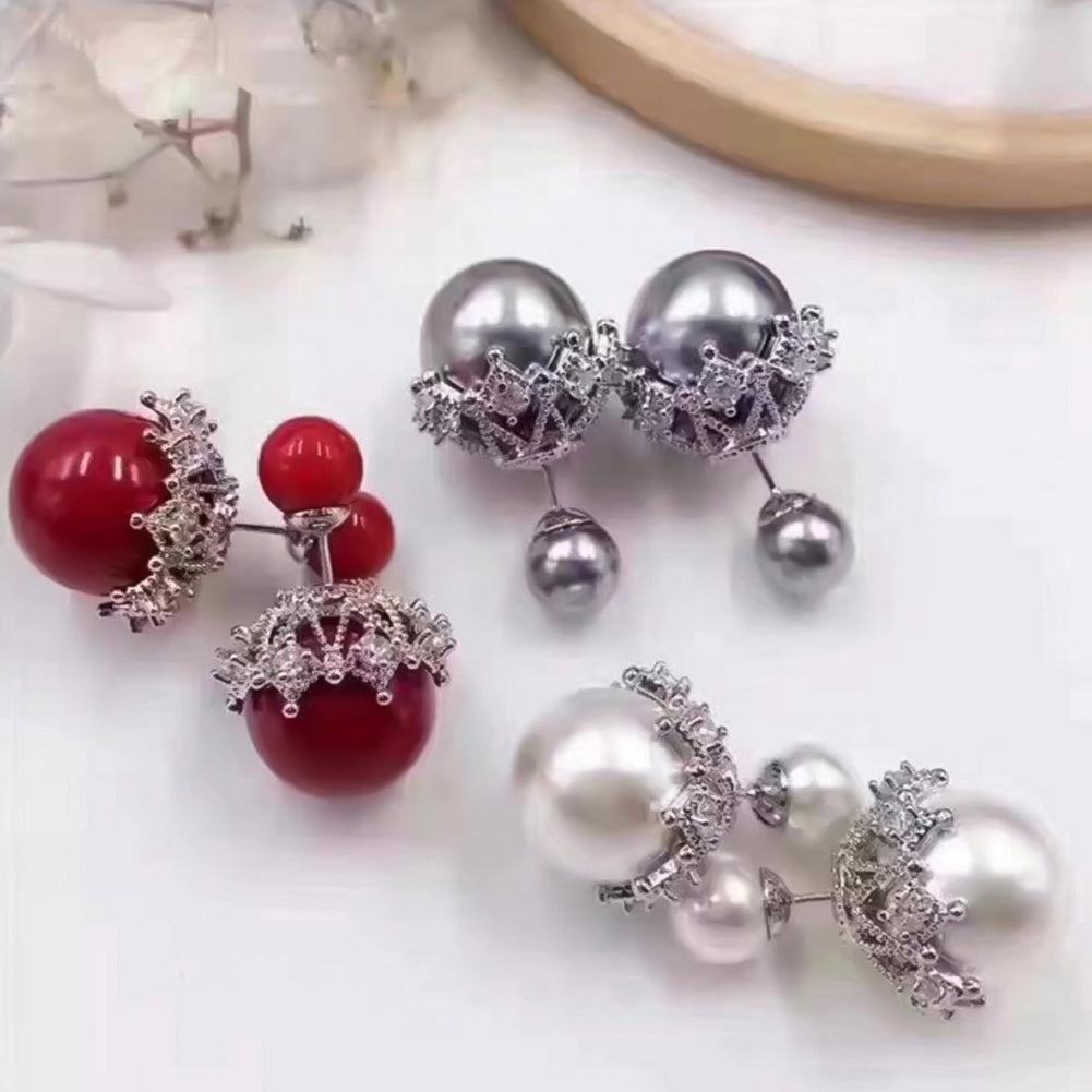 Women Double Sided Imitation Pearl Hollow Flower Ear Stud Earrings Jewelry Gift Image 1