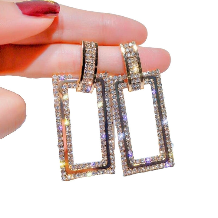 Women Rhinestone Inlaid Hollow Rectangle Dangle Ear Stud Earrings Jewelry Gift Image 9