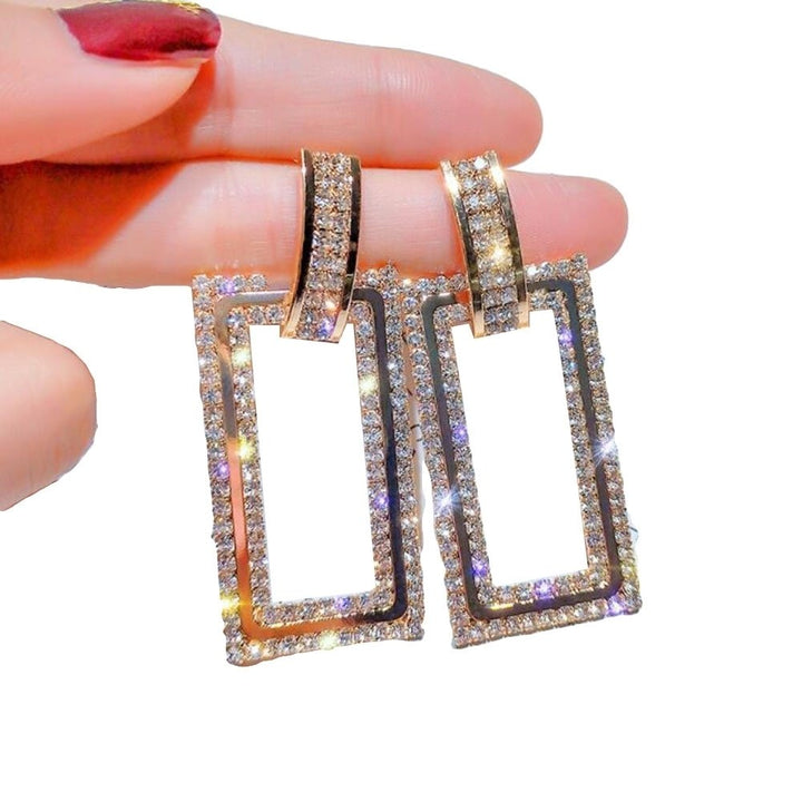 Women Rhinestone Inlaid Hollow Rectangle Dangle Ear Stud Earrings Jewelry Gift Image 1