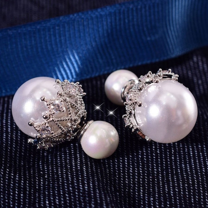 Women Double Sided Imitation Pearl Hollow Flower Ear Stud Earrings Jewelry Gift Image 7