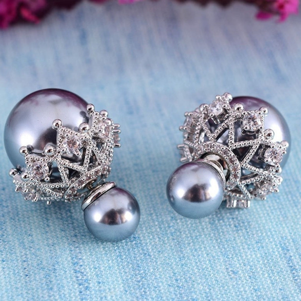 Women Double Sided Imitation Pearl Hollow Flower Ear Stud Earrings Jewelry Gift Image 11