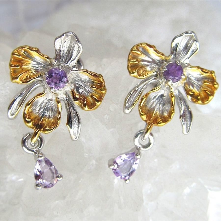 Elegant Women Faux Amethyst Inlaid Orchid Flower Ear Stud Earrings Jewelry Gift Image 1