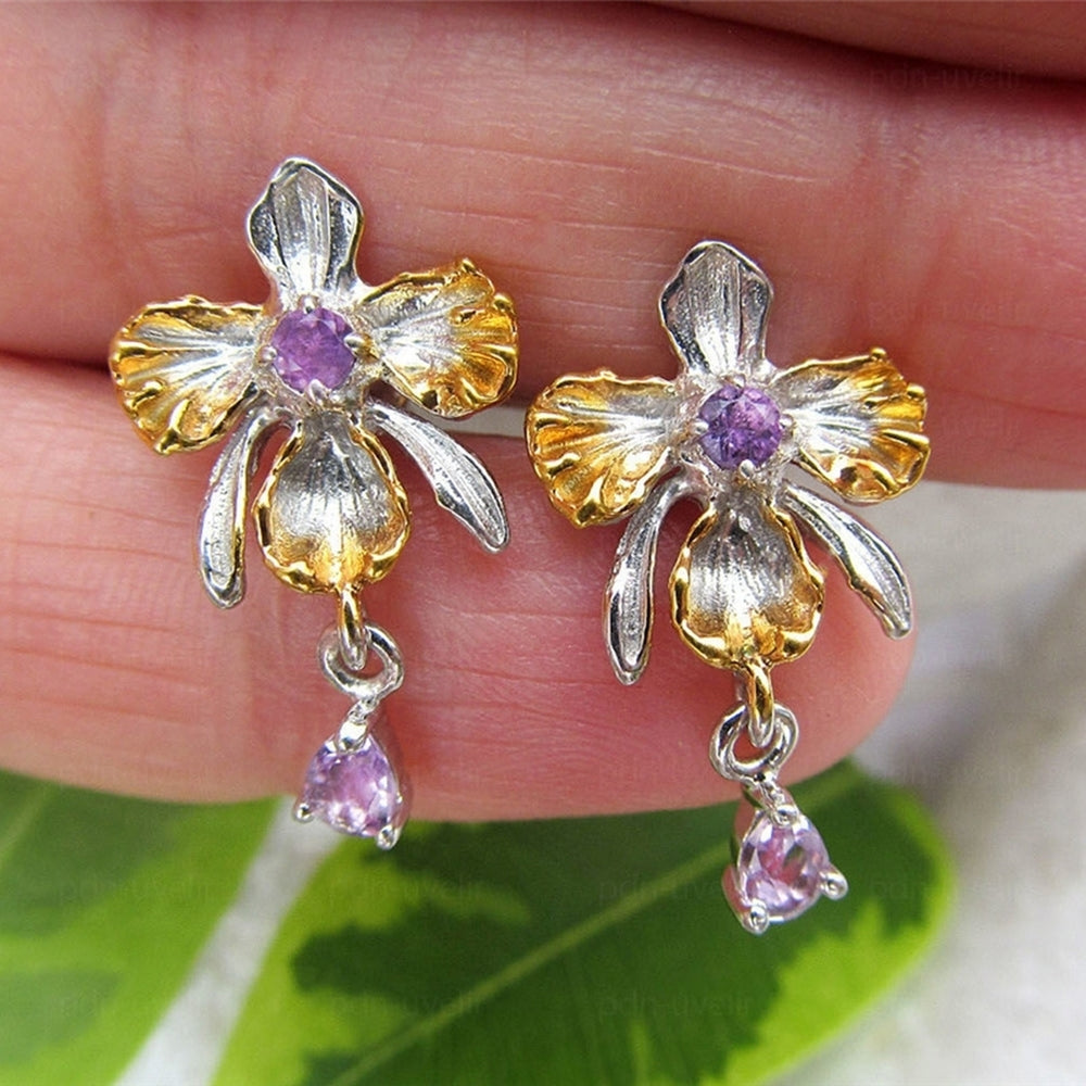 Elegant Women Faux Amethyst Inlaid Orchid Flower Ear Stud Earrings Jewelry Gift Image 2