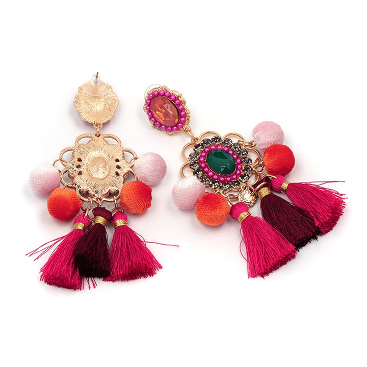 Women Rhinestone Flower Pompom Tassel Dangle Ear Stud Earrings Statement Jewelry Image 4