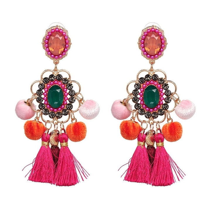 Women Rhinestone Flower Pompom Tassel Dangle Ear Stud Earrings Statement Jewelry Image 8