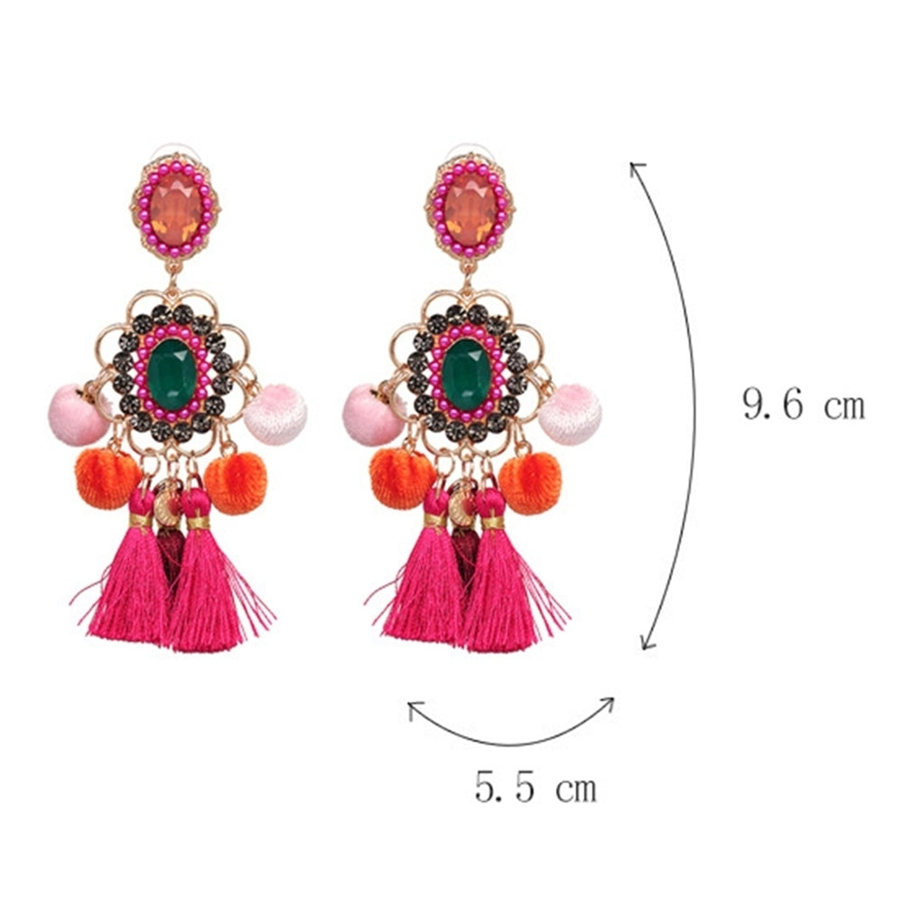 Women Rhinestone Flower Pompom Tassel Dangle Ear Stud Earrings Statement Jewelry Image 9