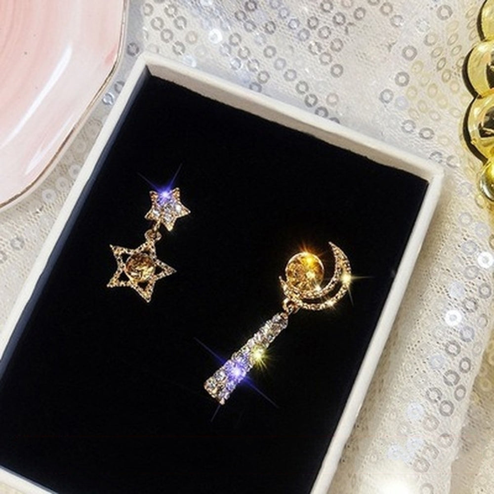 Women Rhinestone Moon Star Asymmetric Dangle Ear Stud Earrings Jewelry Gift Image 2