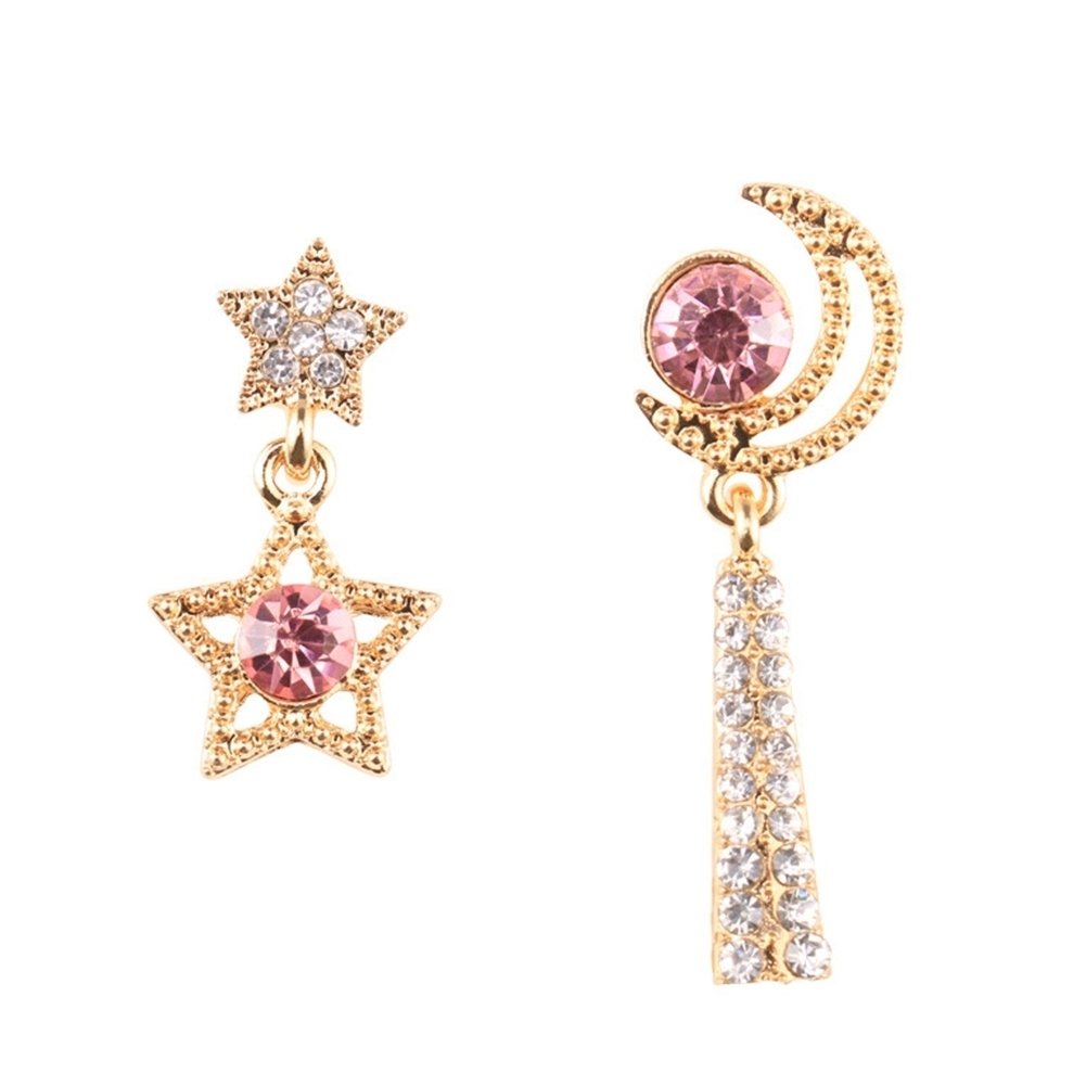 Women Rhinestone Moon Star Asymmetric Dangle Ear Stud Earrings Jewelry Gift Image 8