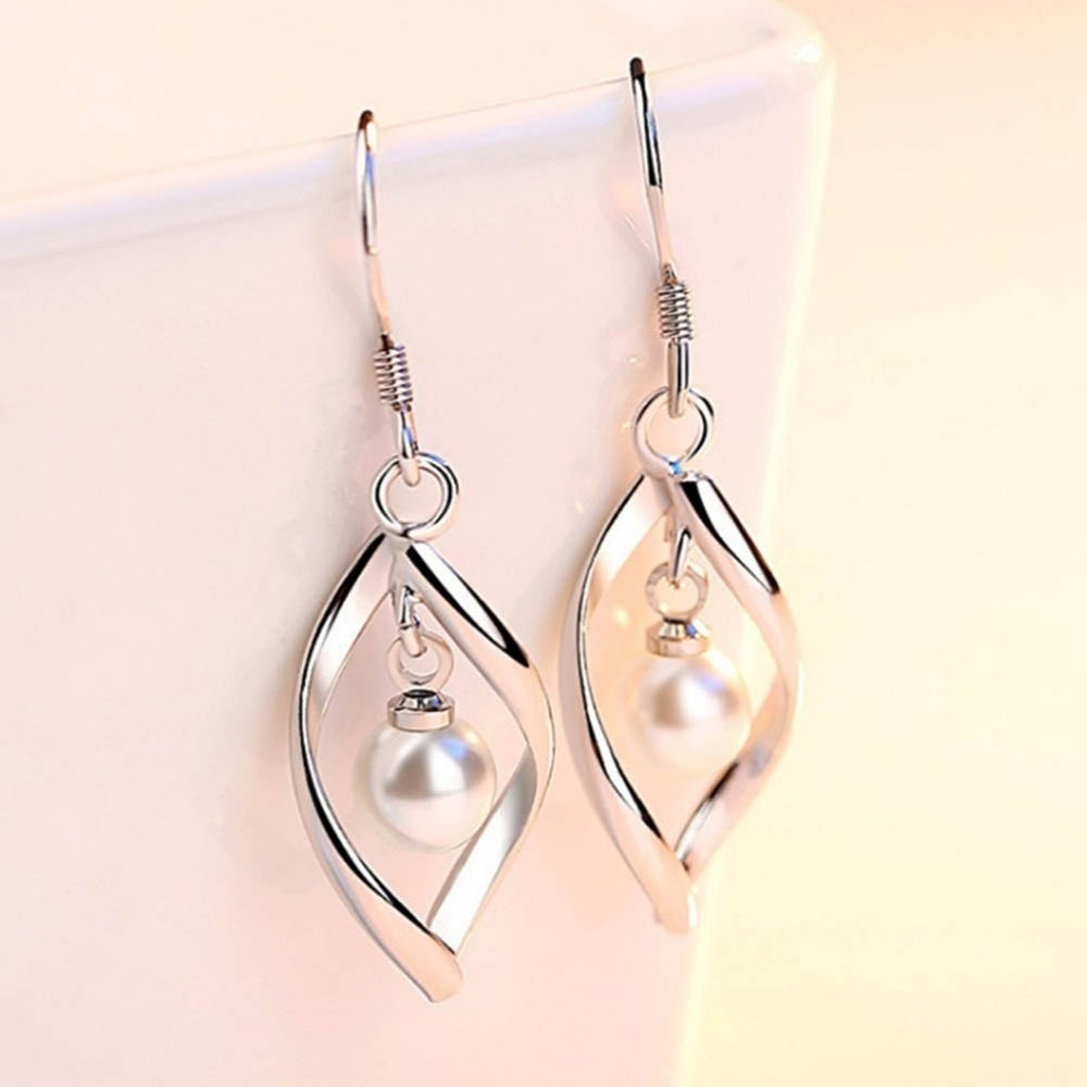 Elegant Women Faux Pearl Rotating Dangle Hook Earrings Wedding Jewelry Gift Image 2