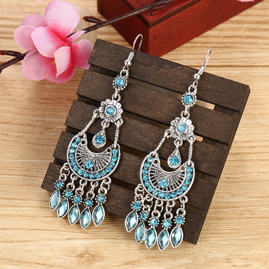 Bohemian Women Rhinestone Crescent Moon Long Fringe Hook Earrings Jewelry Gift Image 1