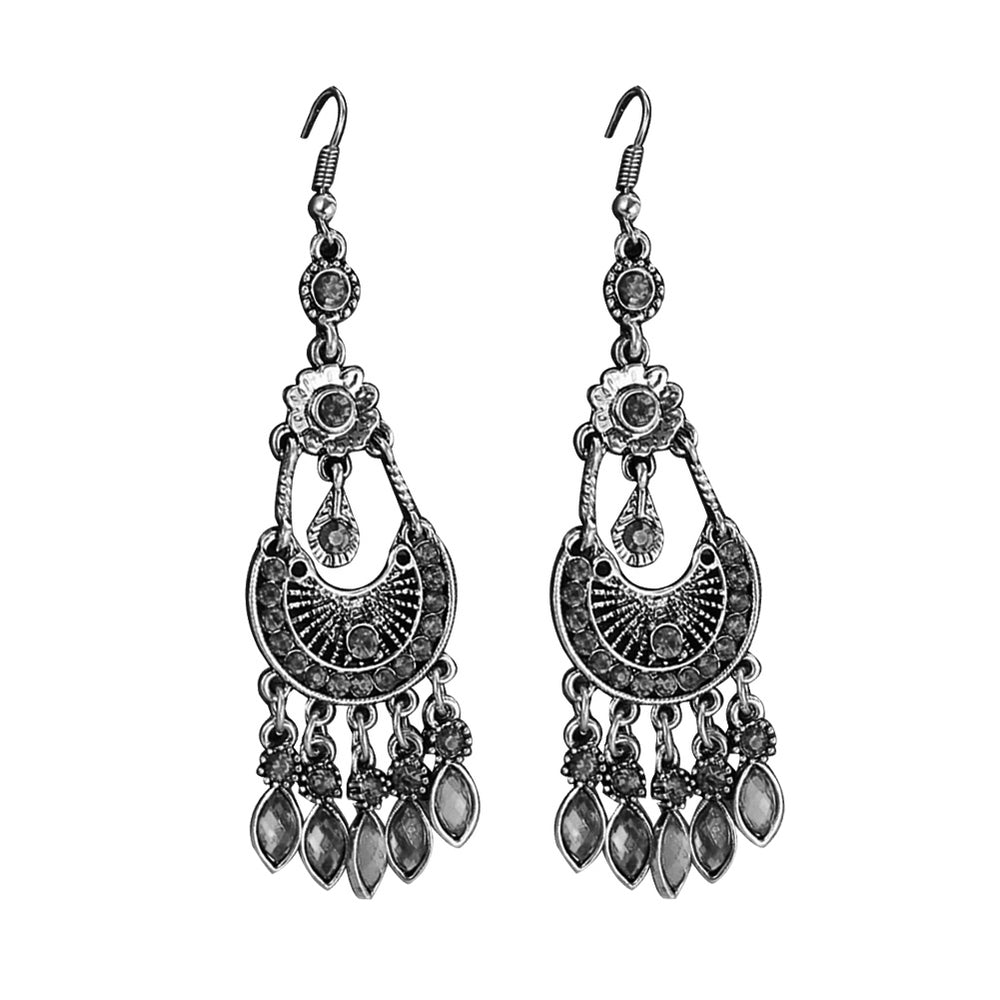 Bohemian Women Rhinestone Crescent Moon Long Fringe Hook Earrings Jewelry Gift Image 2