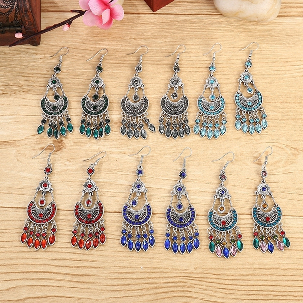 Bohemian Women Rhinestone Crescent Moon Long Fringe Hook Earrings Jewelry Gift Image 8