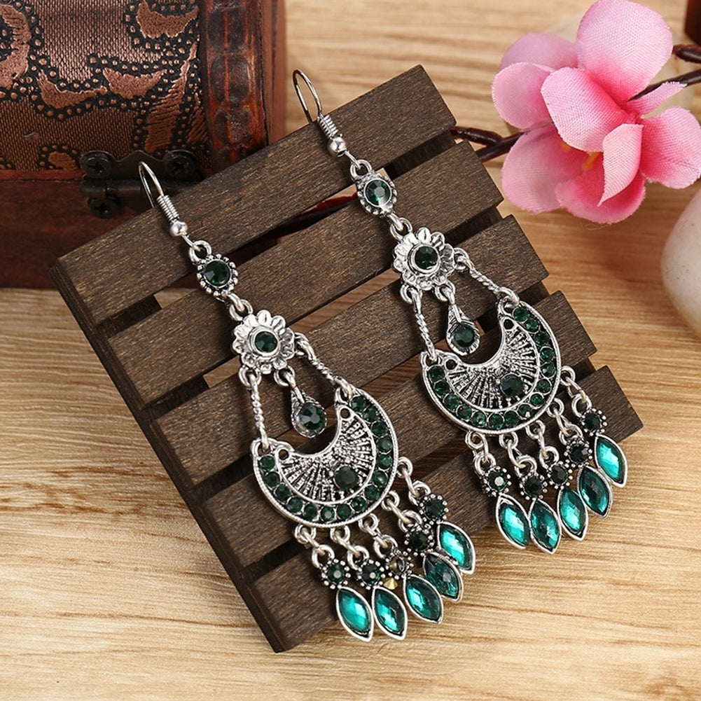 Bohemian Women Rhinestone Crescent Moon Long Fringe Hook Earrings Jewelry Gift Image 9