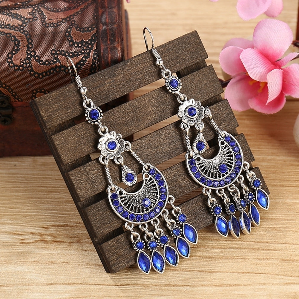 Bohemian Women Rhinestone Crescent Moon Long Fringe Hook Earrings Jewelry Gift Image 10