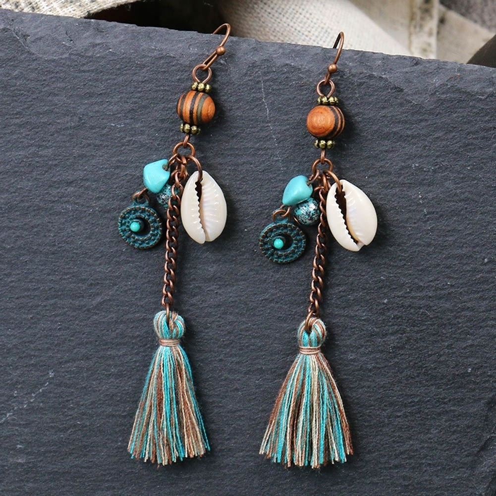 Bohemia Women Faux Turquoise Shell Tassel Long Dangle Hook Earrings Jewelry Gift Image 1