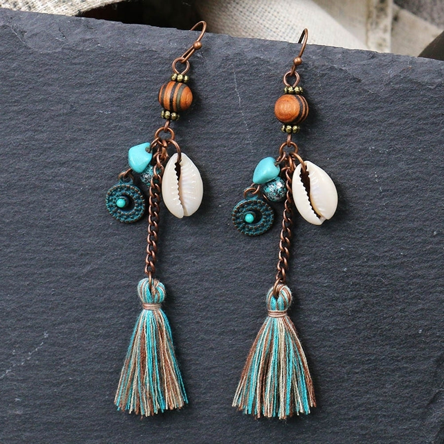 Bohemia Women Faux Turquoise Shell Tassel Long Dangle Hook Earrings Jewelry Gift Image 1