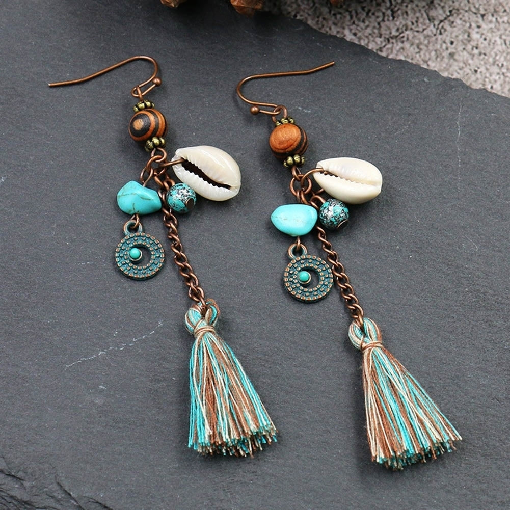 Bohemia Women Faux Turquoise Shell Tassel Long Dangle Hook Earrings Jewelry Gift Image 2