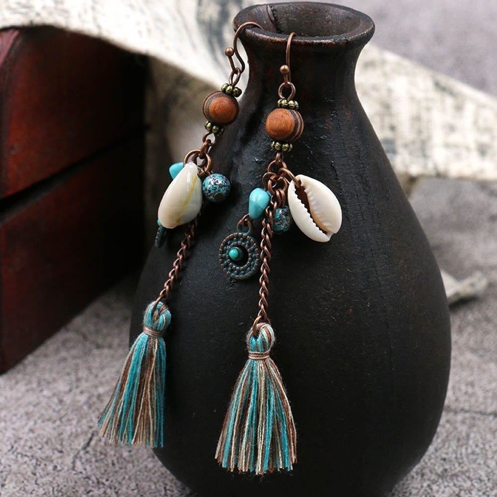 Bohemia Women Faux Turquoise Shell Tassel Long Dangle Hook Earrings Jewelry Gift Image 3