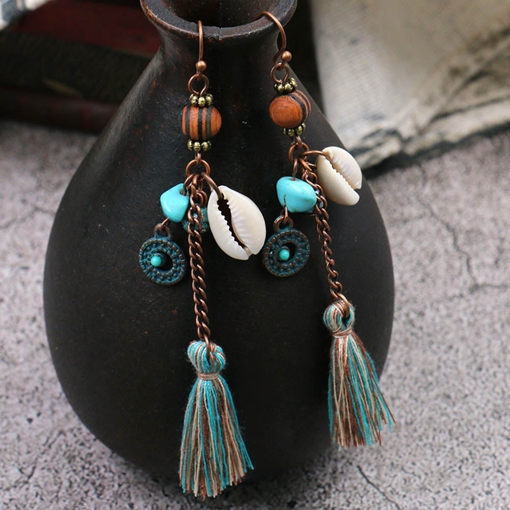 Bohemia Women Faux Turquoise Shell Tassel Long Dangle Hook Earrings Jewelry Gift Image 4