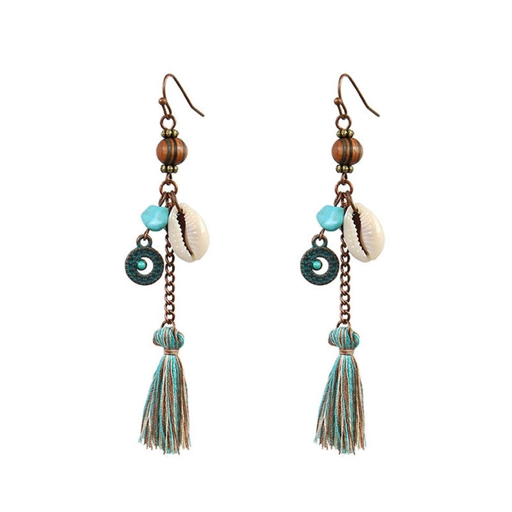 Bohemia Women Faux Turquoise Shell Tassel Long Dangle Hook Earrings Jewelry Gift Image 4