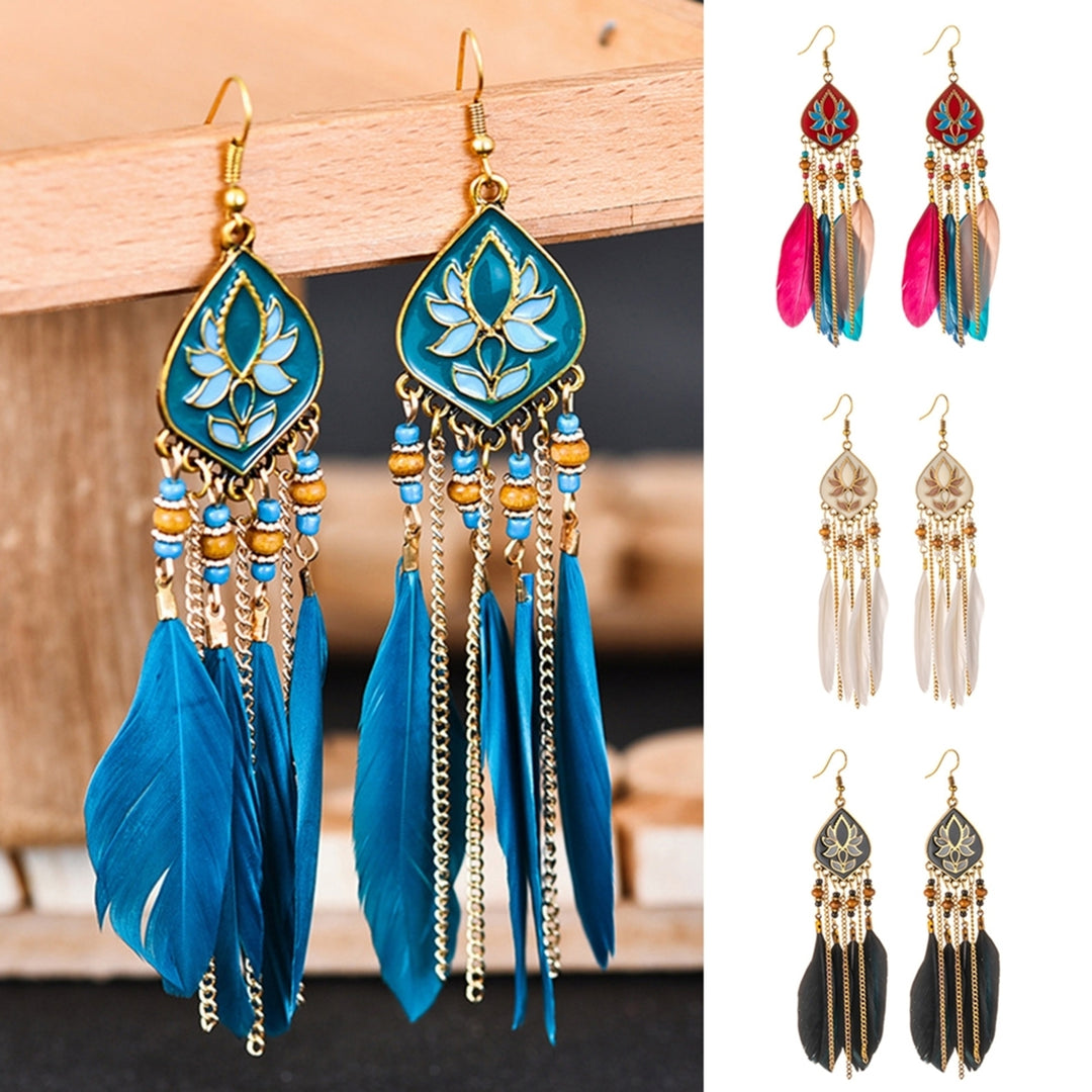 1Pair Earrings Rhombus Shape with Feather Pendant Alloy Women Fashion Long Earrings for Daily Wear Image 1