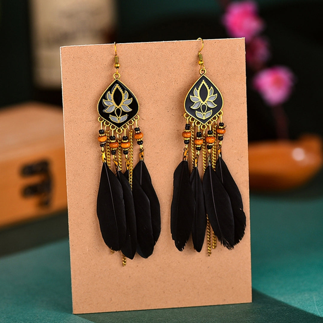 1Pair Earrings Rhombus Shape with Feather Pendant Alloy Women Fashion Long Earrings for Daily Wear Image 10