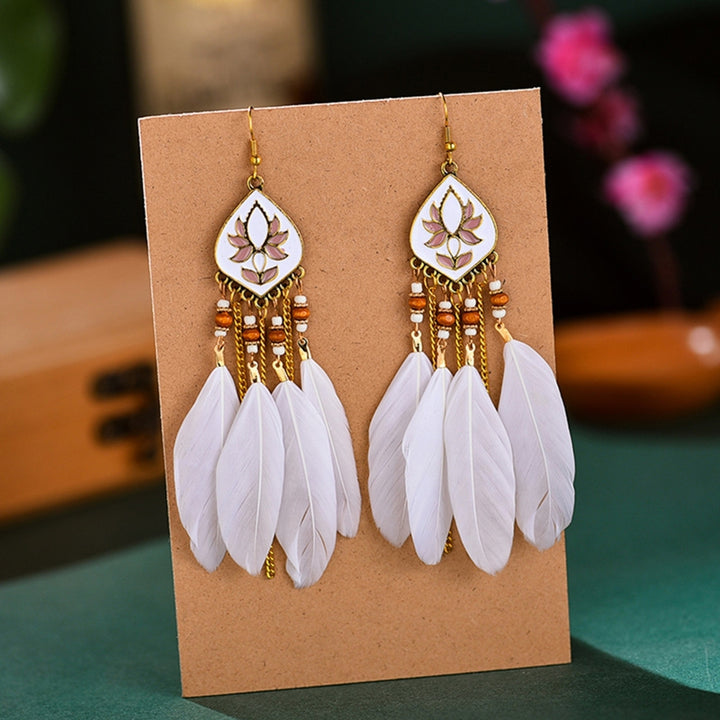 1Pair Earrings Rhombus Shape with Feather Pendant Alloy Women Fashion Long Earrings for Daily Wear Image 12