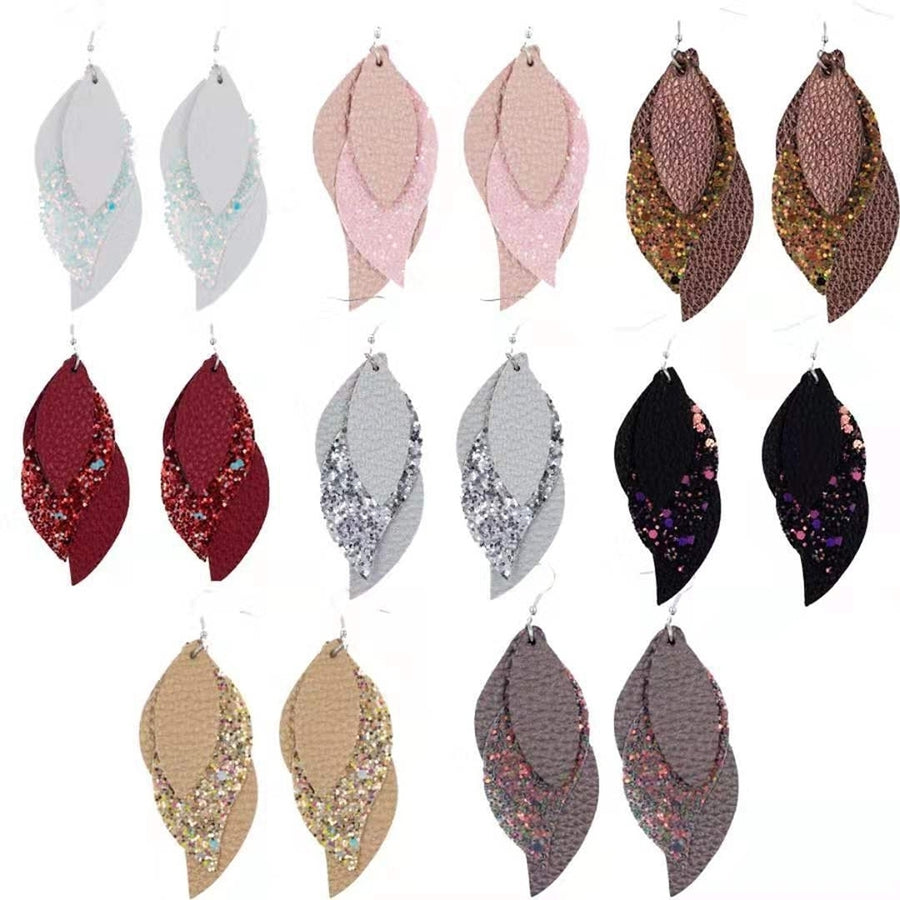 8Pairs Women Layered Floral Print Glitter Leaf Dangle Hook Earrings Jewelry Gift Image 1
