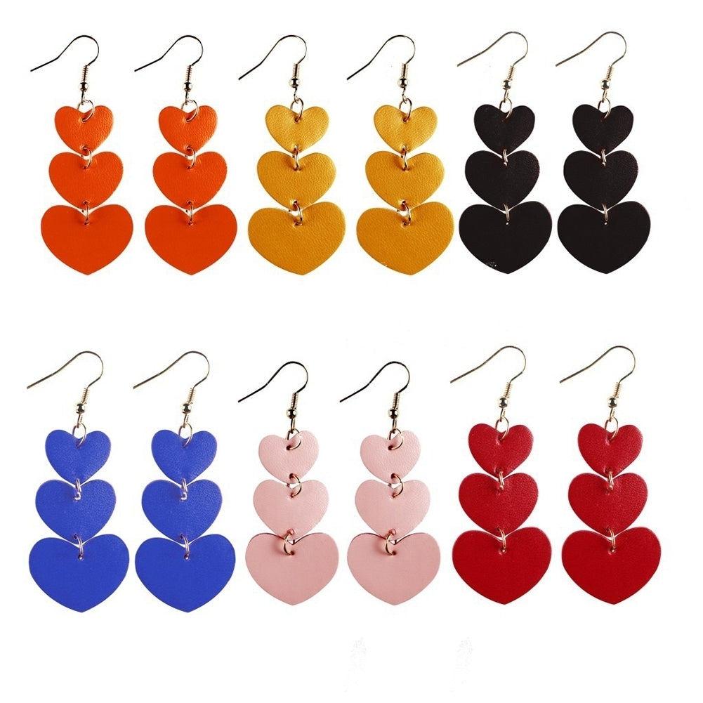 Women 3 Layers Love Heart Dangle Faux Leather Hook Earrings Valentine Day Gift Image 2