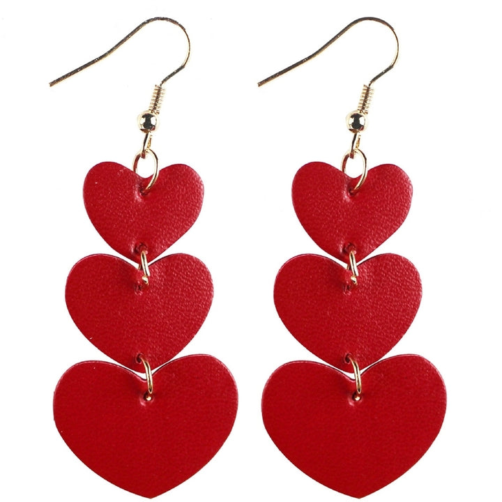 Women 3 Layers Love Heart Dangle Faux Leather Hook Earrings Valentine Day Gift Image 6