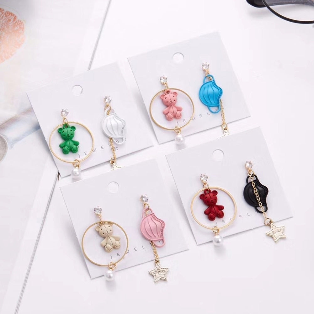 Women Cartoon Bear Star Faux Pearl Asymmetric Dangle Stud Earrings Jewelry Gift Image 4