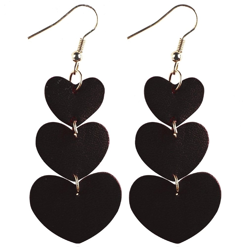 Women 3 Layers Love Heart Dangle Faux Leather Hook Earrings Valentine Day Gift Image 1