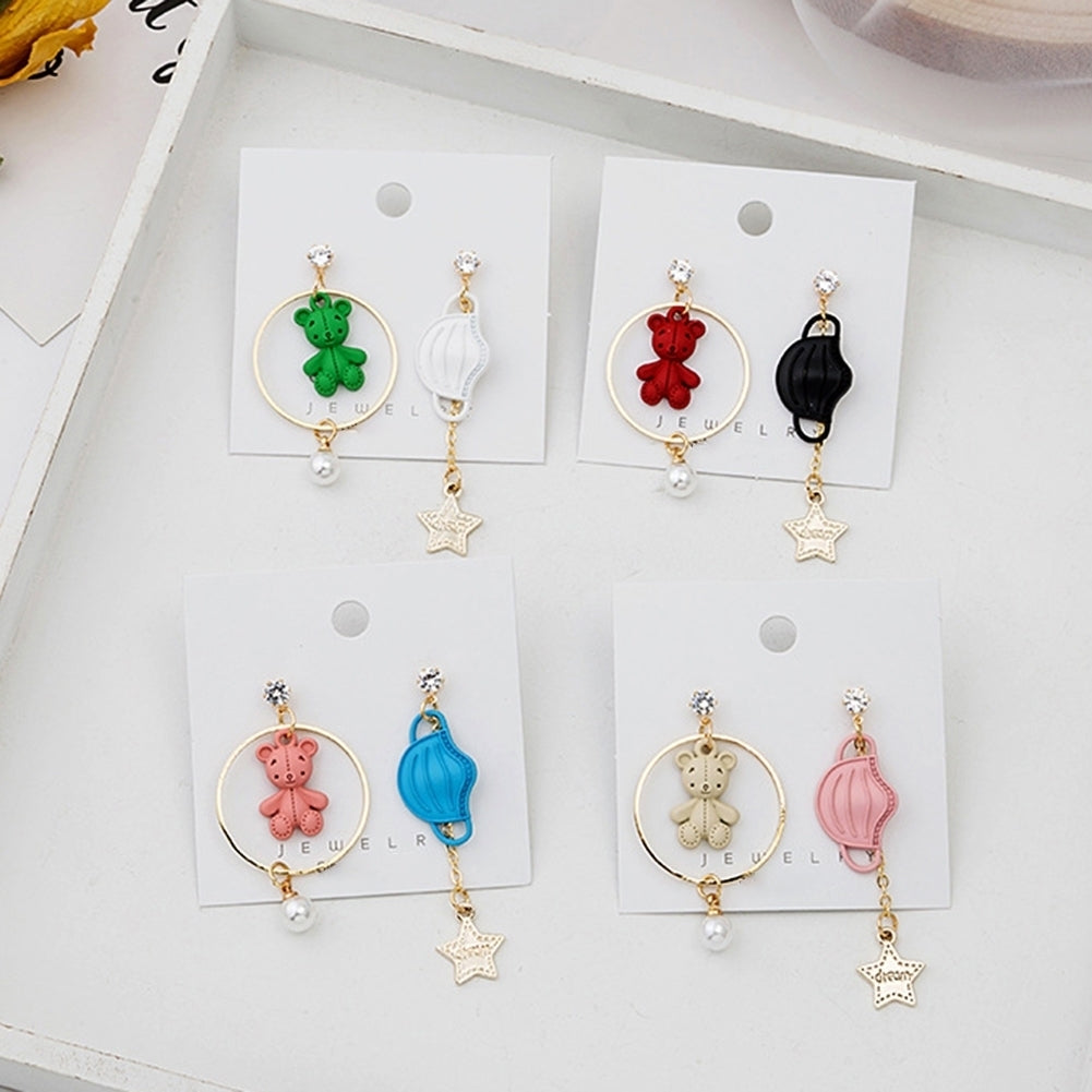 Women Cartoon Bear Star Faux Pearl Asymmetric Dangle Stud Earrings Jewelry Gift Image 11