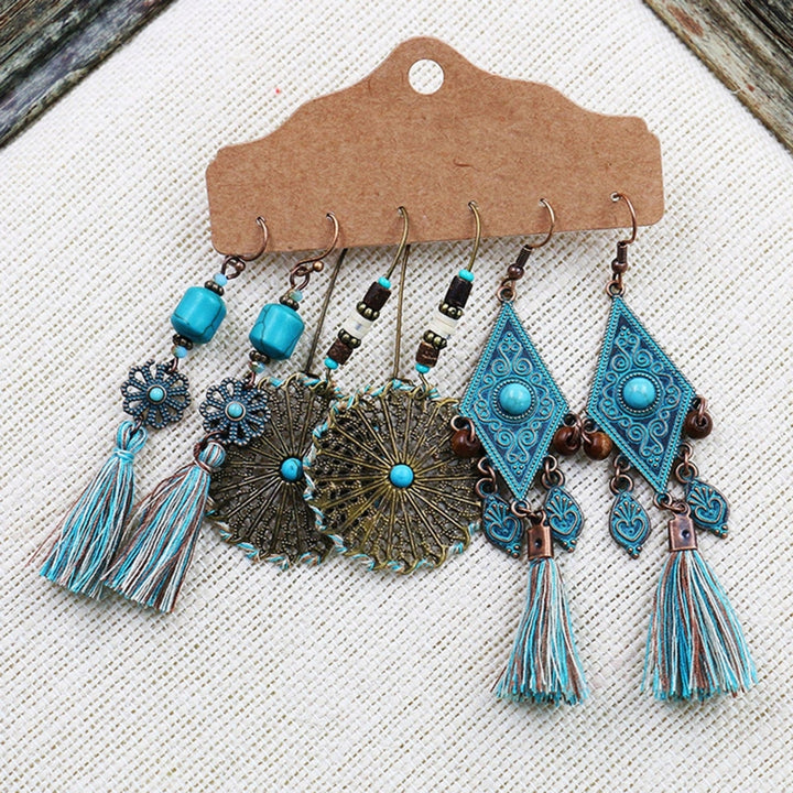 3Pairs Dangle Earrings Tassel Jewelry Gift Alloy Bohemian Geometric Ear Hook for Women Image 2