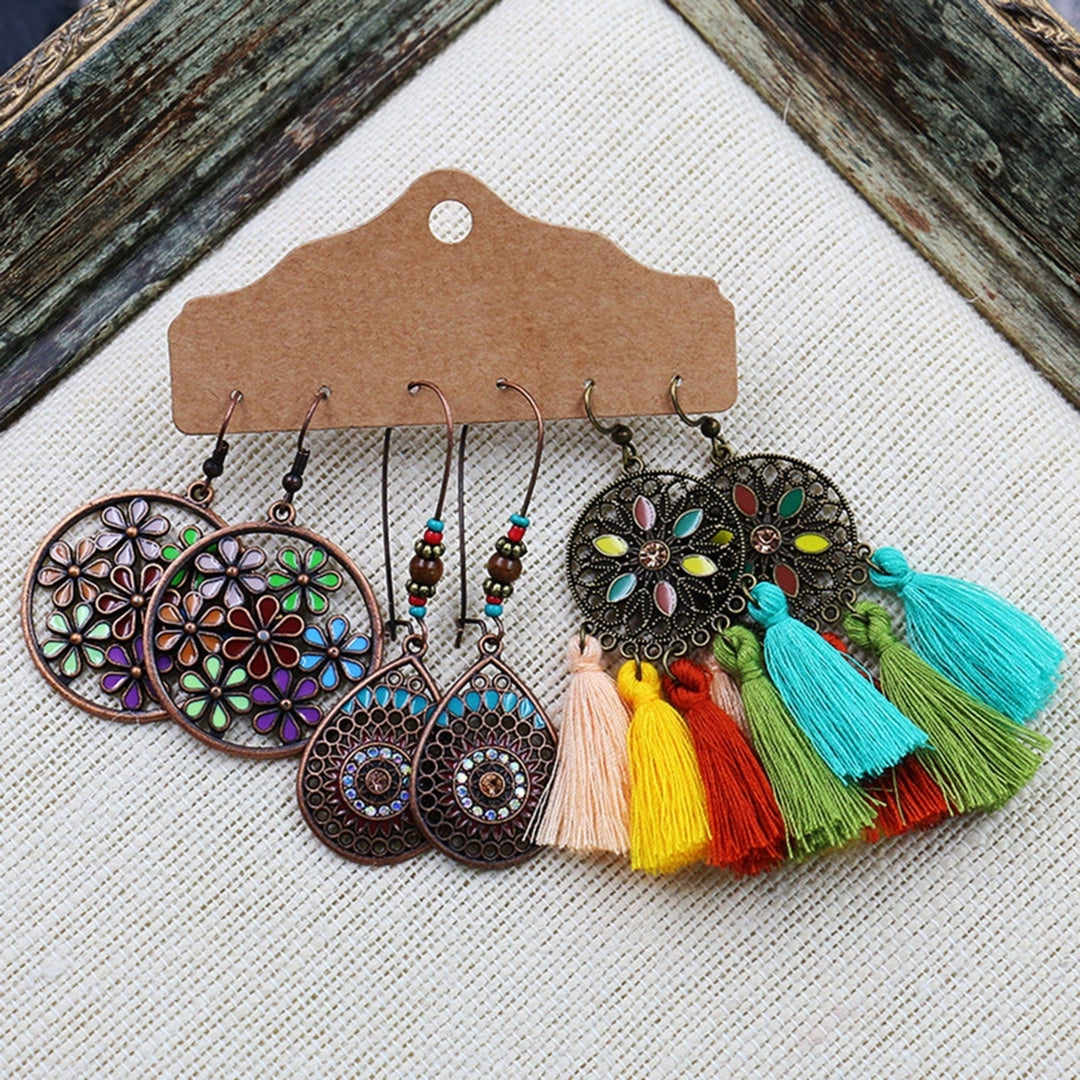 3Pairs Dangle Earrings Tassel Jewelry Gift Alloy Bohemian Geometric Ear Hook for Women Image 4