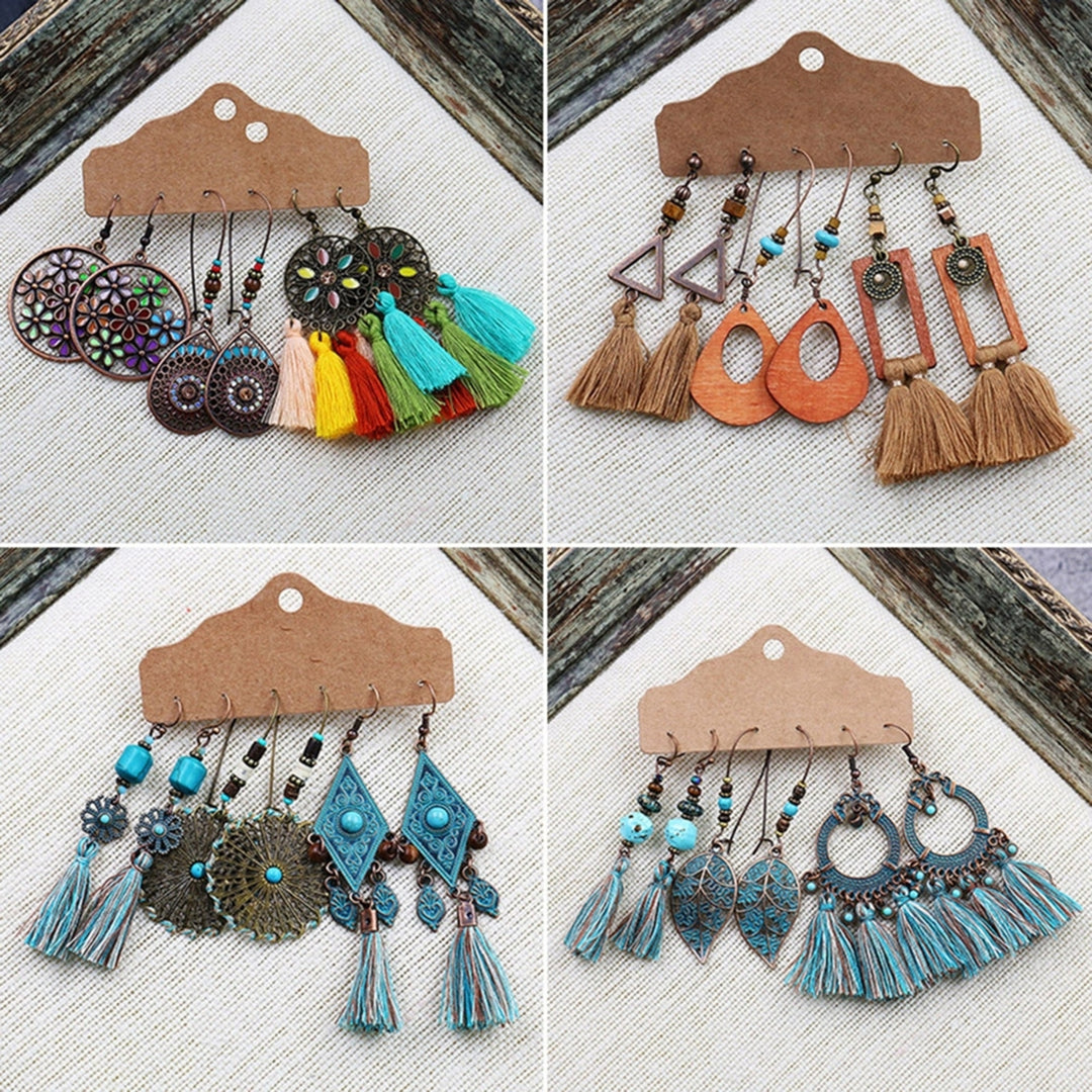 3Pairs Dangle Earrings Tassel Jewelry Gift Alloy Bohemian Geometric Ear Hook for Women Image 6