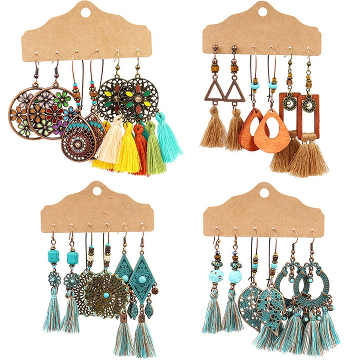 3Pairs Dangle Earrings Tassel Jewelry Gift Alloy Bohemian Geometric Ear Hook for Women Image 7