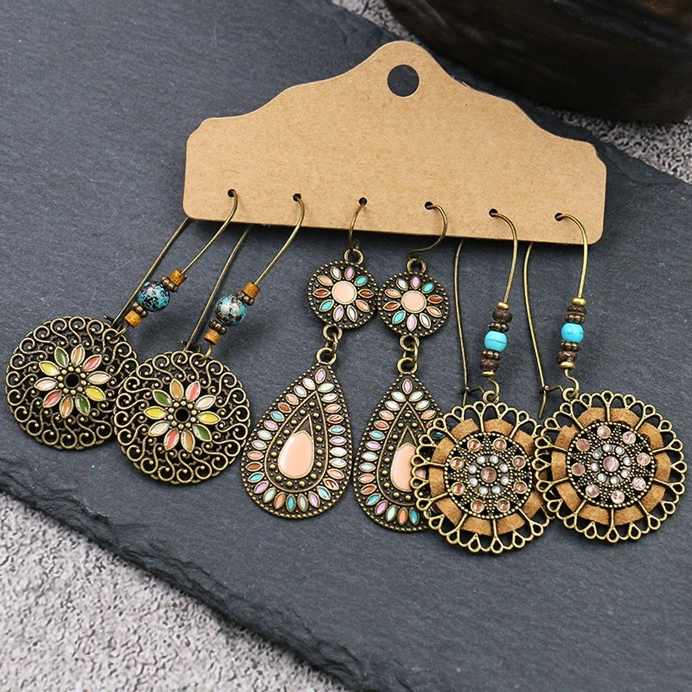 3Pairs Women Faux Turquoise Tassel Geometric Dangle Hook Earrings Jewelry Image 2