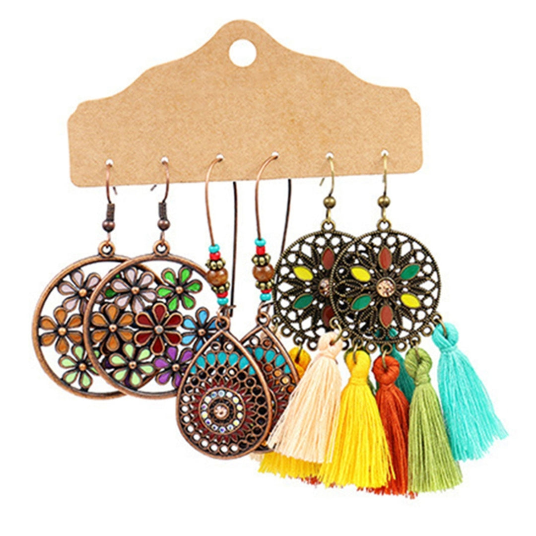 3Pairs Dangle Earrings Tassel Jewelry Gift Alloy Bohemian Geometric Ear Hook for Women Image 8