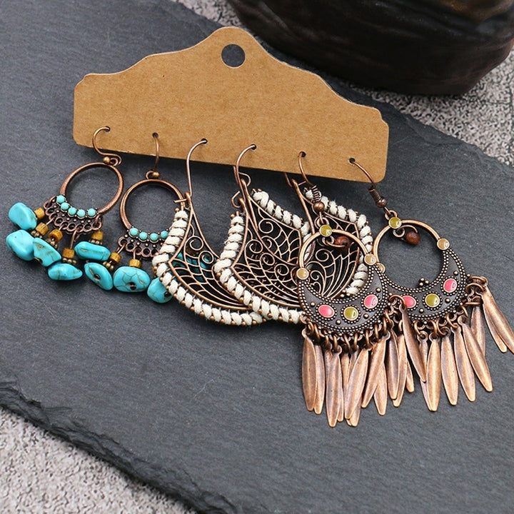 3Pairs Women Faux Turquoise Tassel Geometric Dangle Hook Earrings Jewelry Image 3