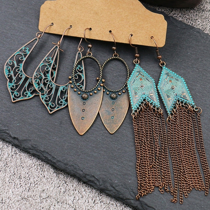 3Pairs Women Faux Turquoise Tassel Geometric Dangle Hook Earrings Jewelry Image 4