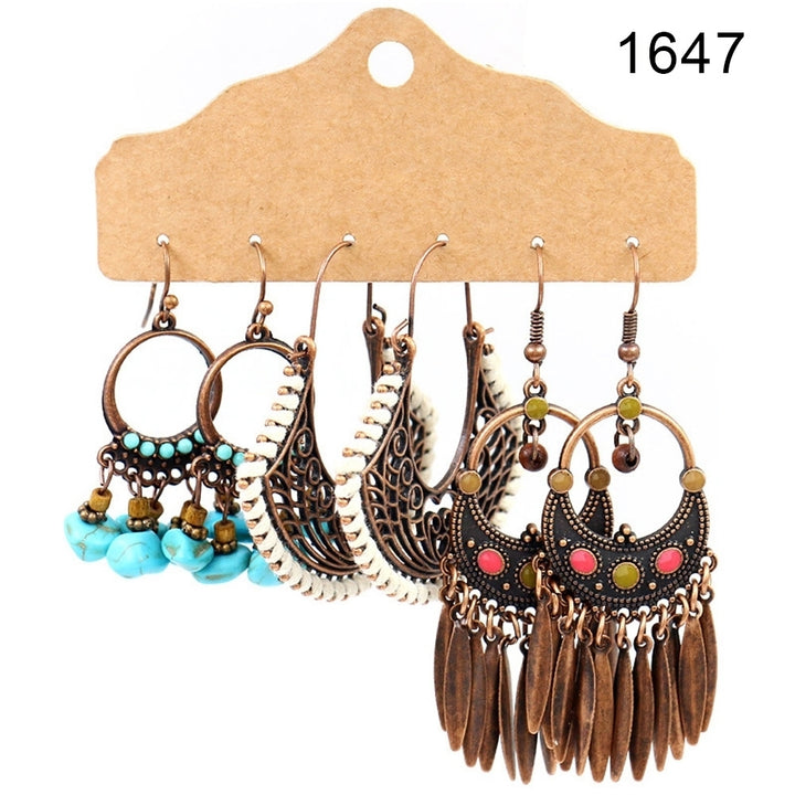 3Pairs Women Faux Turquoise Tassel Geometric Dangle Hook Earrings Jewelry Image 7