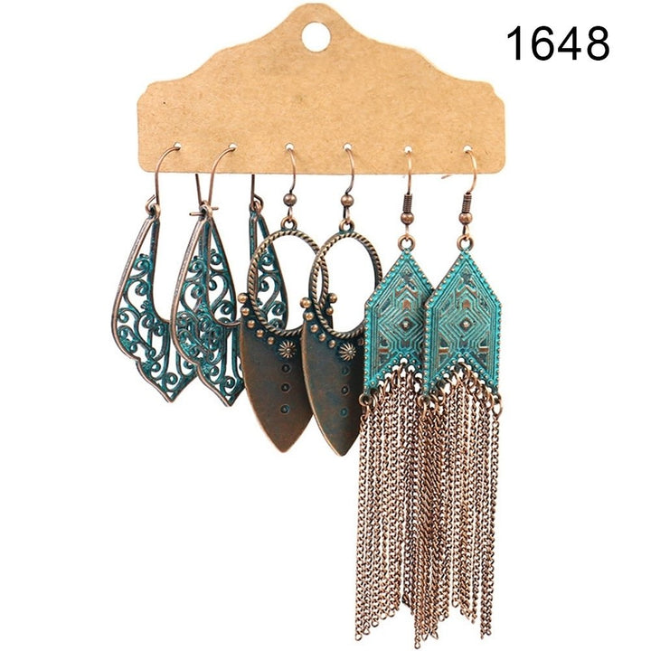 3Pairs Women Faux Turquoise Tassel Geometric Dangle Hook Earrings Jewelry Image 8