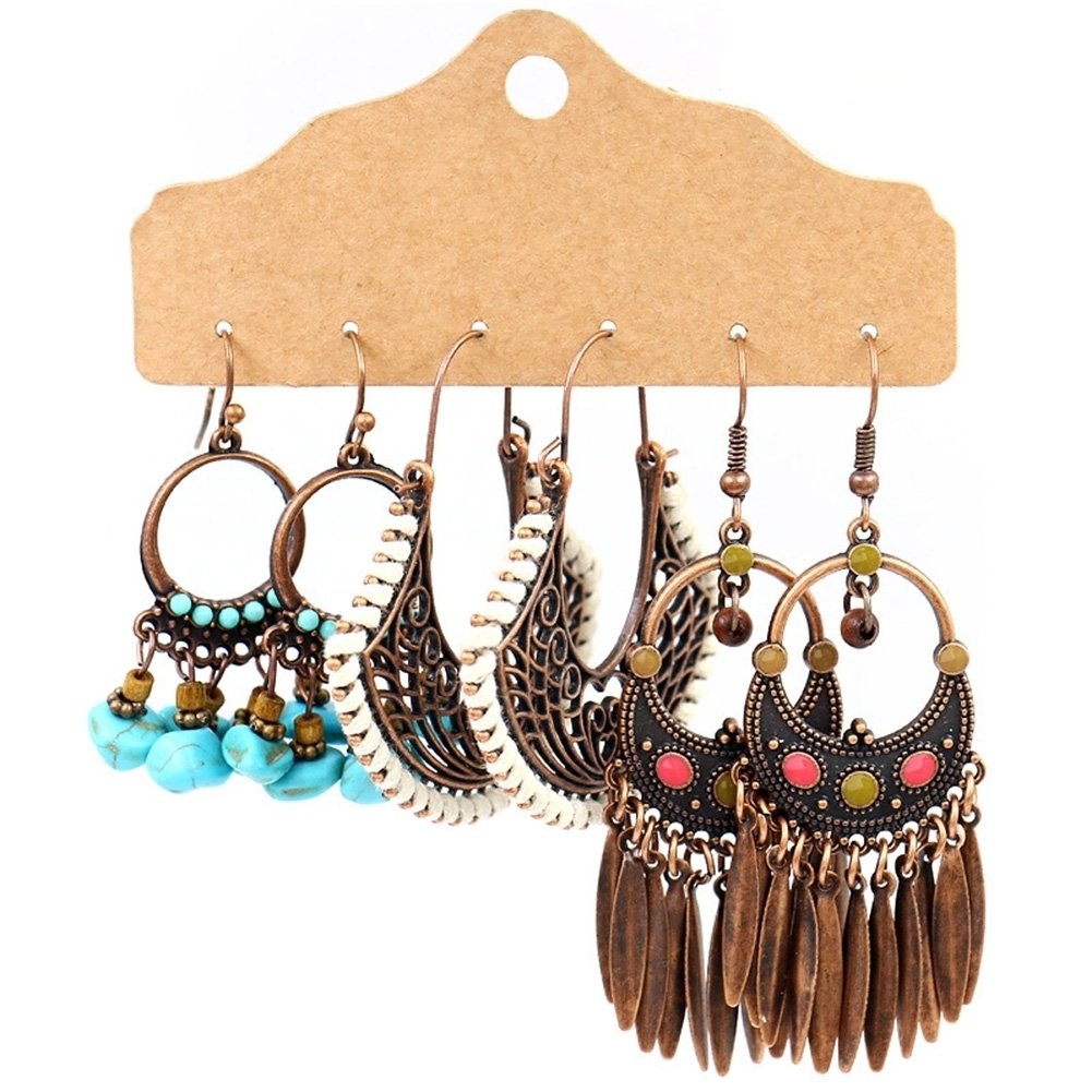 3Pairs Women Faux Turquoise Tassel Geometric Dangle Hook Earrings Jewelry Image 12