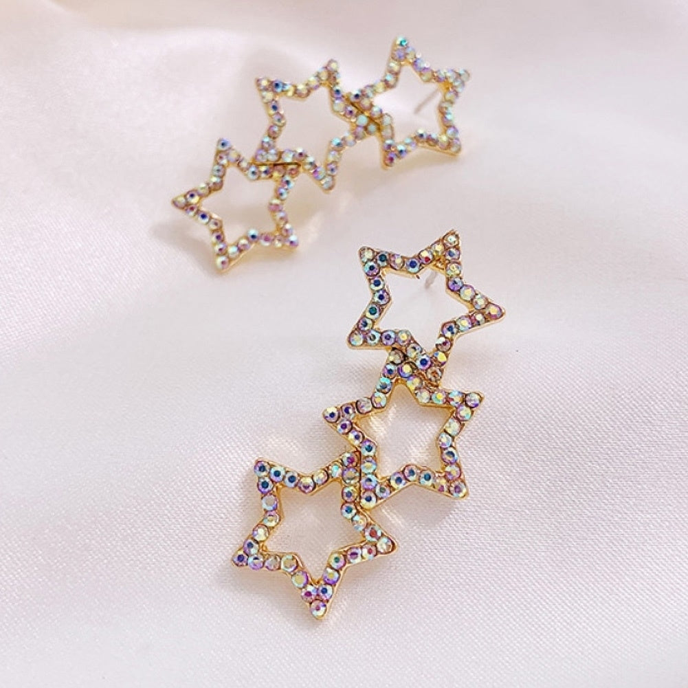 Women Colorful Rhinestone Hollow Star Linking Dangle Ear Stud Earrings Jewelry Image 1