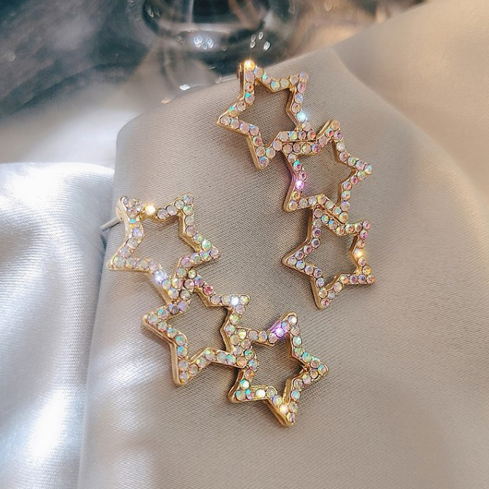 Women Colorful Rhinestone Hollow Star Linking Dangle Ear Stud Earrings Jewelry Image 3